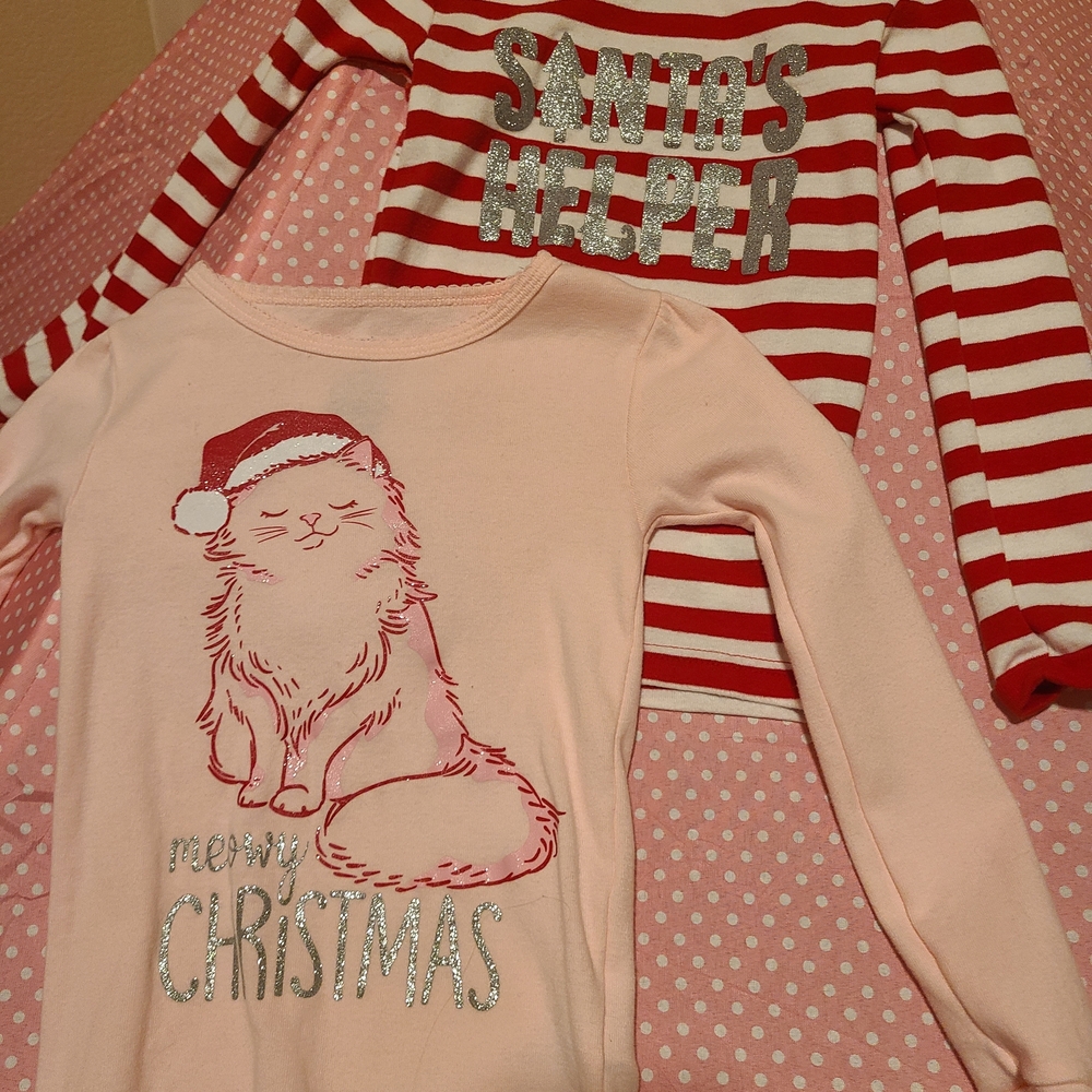 2Pc. Carter's Red Striped and Pink Cat Pajama Tops- toddler size